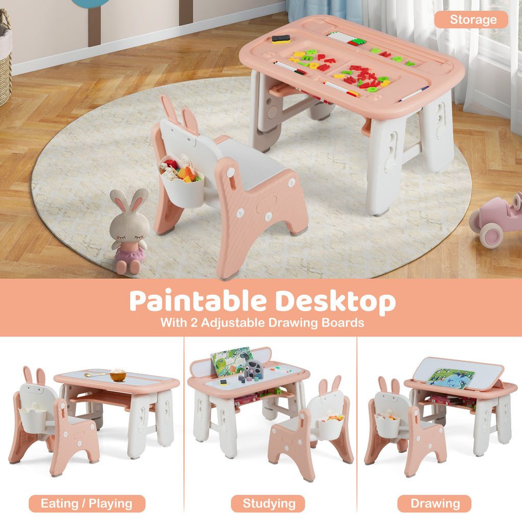 Kids Table and Chair Set with Flip-Top Bookshelf-Pink
