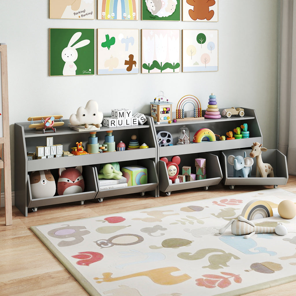 Kids Toy Storage Organizer Wooden Bookcase with 2 Movable Drawers-Gray
