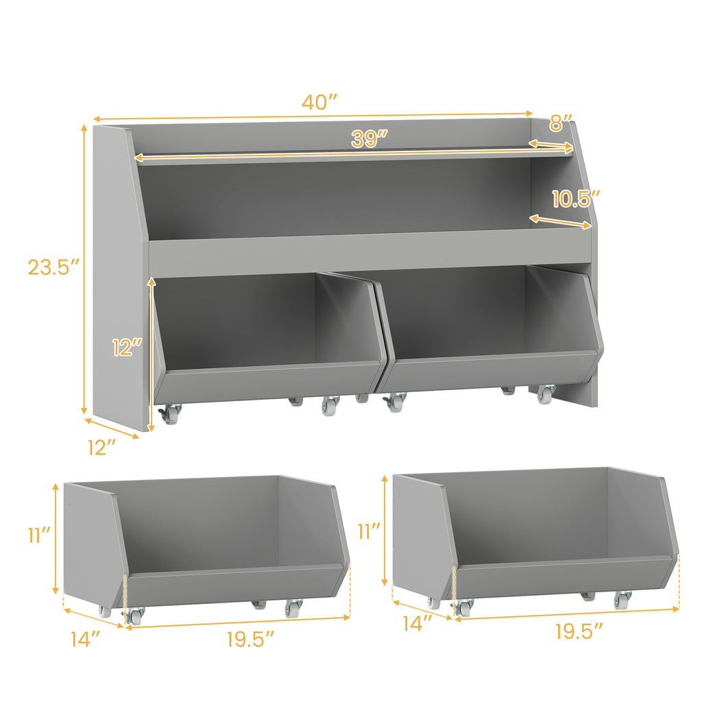 Kids Toy Storage Organizer Wooden Bookcase with 2 Movable Drawers-Gray