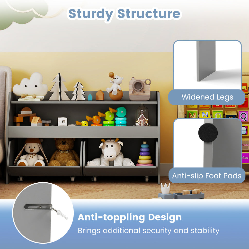 Kids Toy Storage Organizer Wooden Bookcase with 2 Movable Drawers-Gray