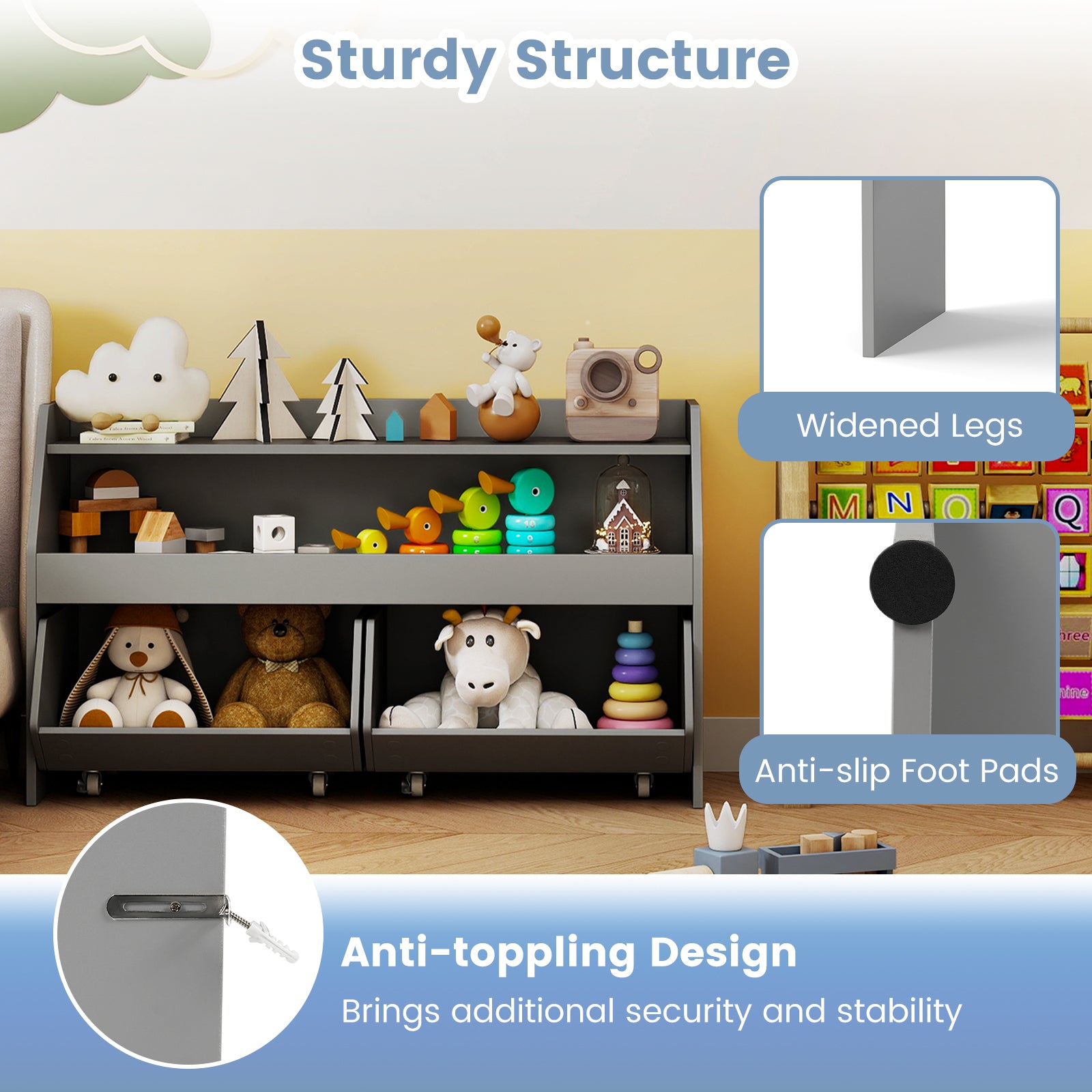 Kids Toy Storage Organizer Wooden Bookcase with 2 Movable Drawers-Gray