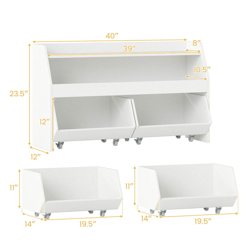 Kids Toy Storage Organizer Wooden Bookcase with 2 Movable Drawers-White