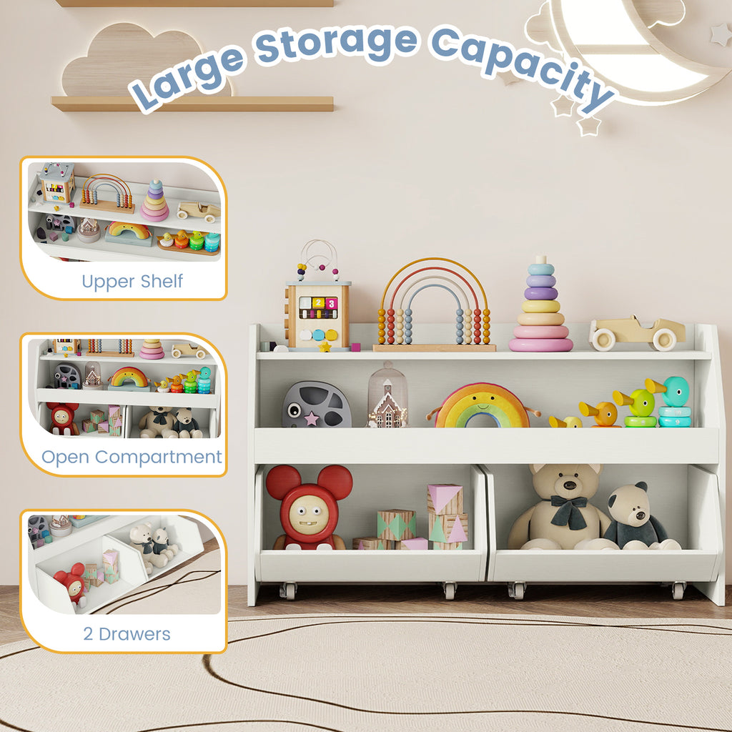 Kids Toy Storage Organizer Wooden Bookcase with 2 Movable Drawers-White