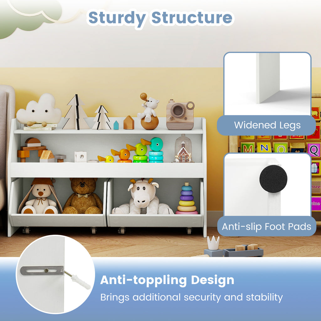 Kids Toy Storage Organizer Wooden Bookcase with 2 Movable Drawers-White