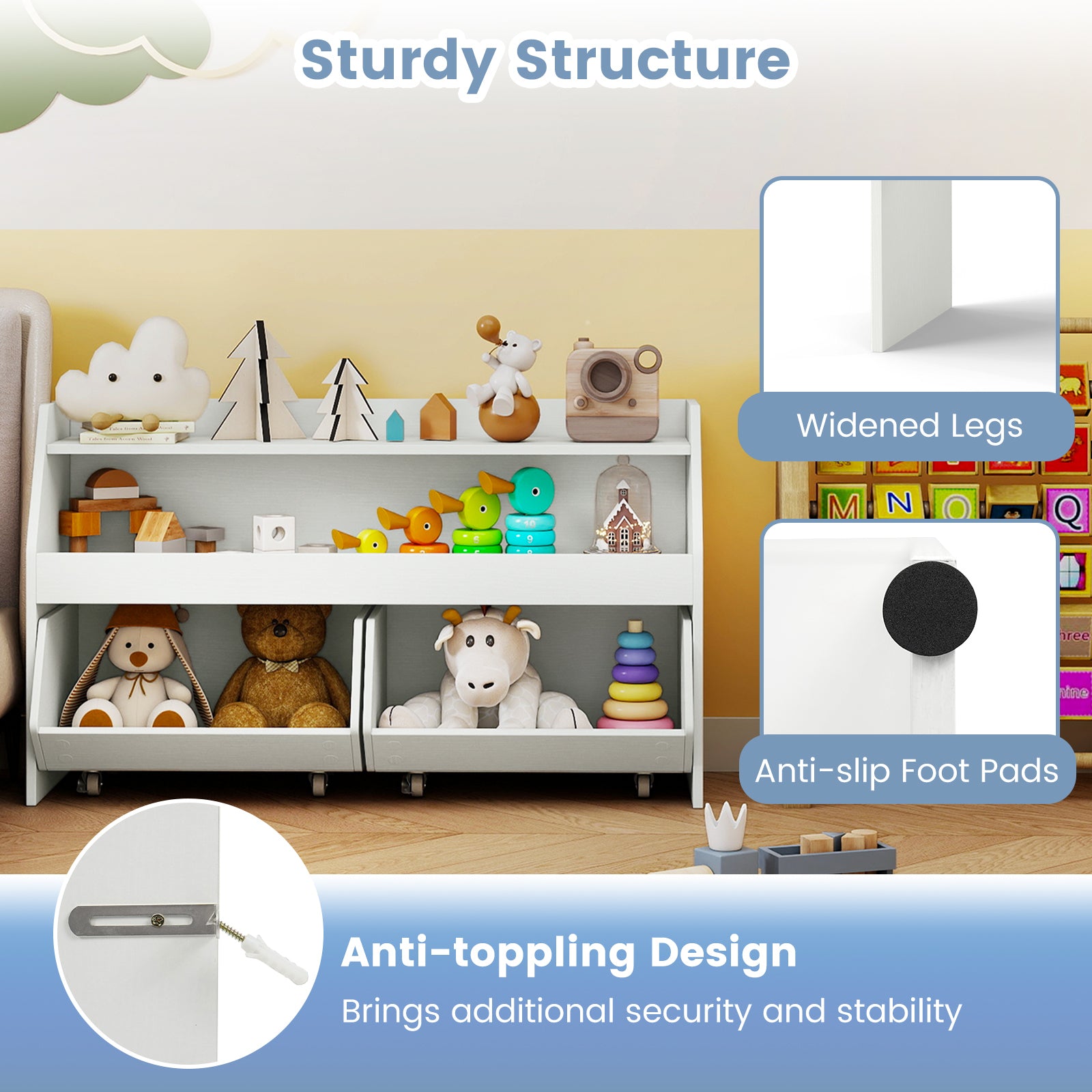 Kids Toy Storage Organizer Wooden Bookcase with 2 Movable Drawers-White