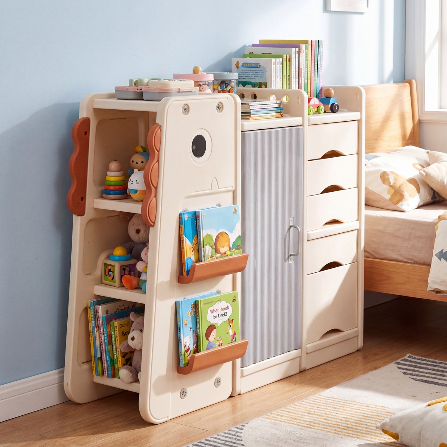 Kids Toy Storage Organizer with 5 Removable Bins for Playroom-Beige