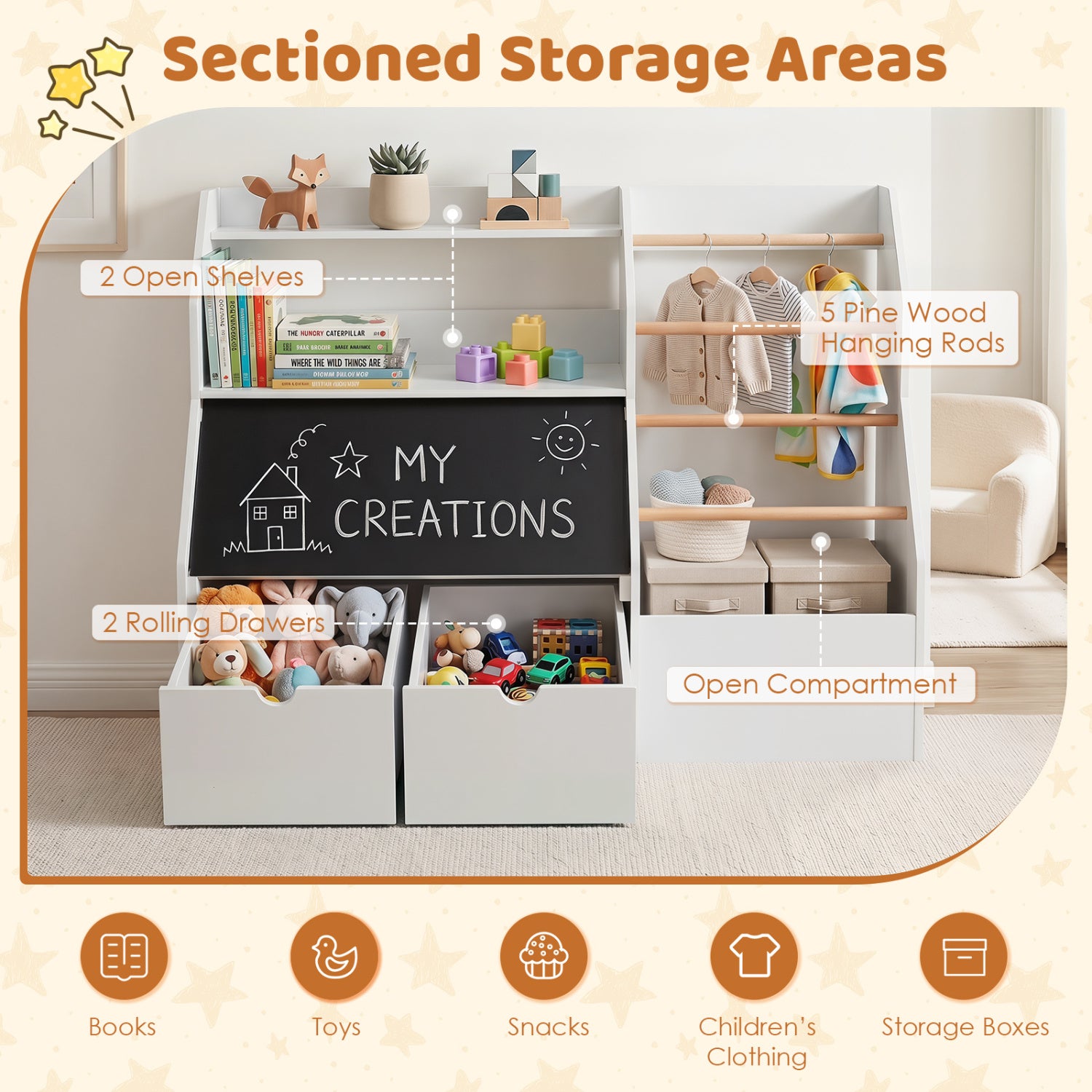 Kids Toy Storage Organizer with Flip-up Blackboard-White
