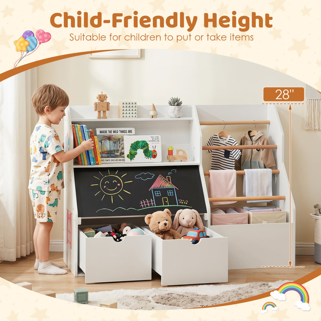 Kids Toy Storage Organizer with Flip-up Blackboard-White
