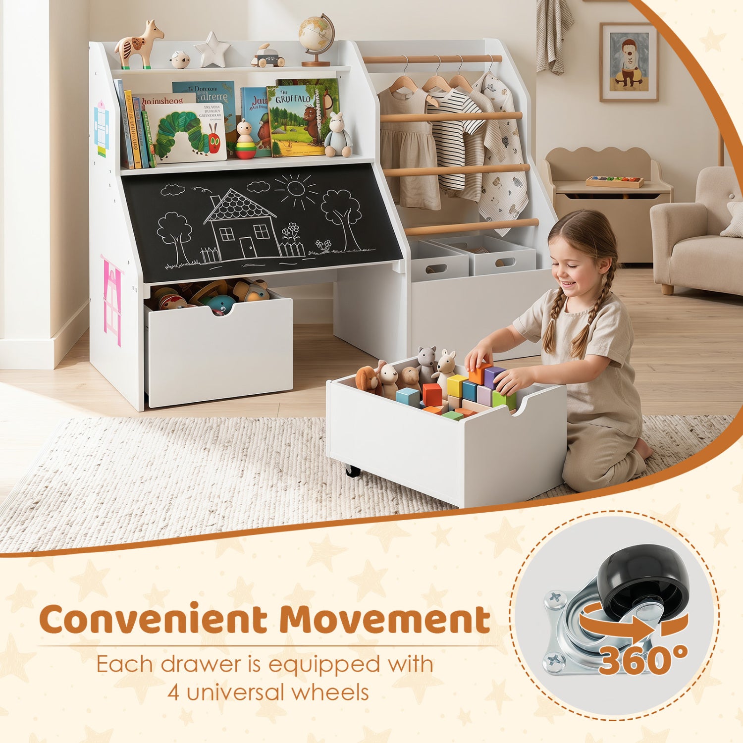 Kids Toy Storage Organizer with Flip-up Blackboard-White