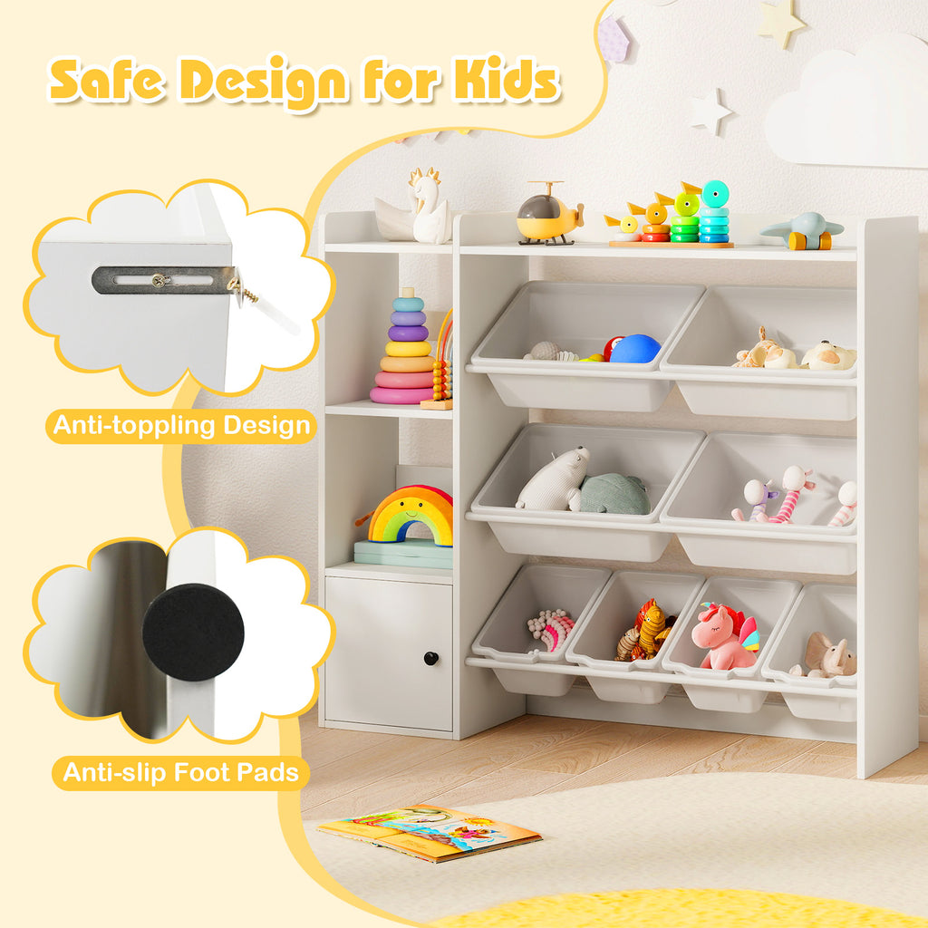 Kids Toy Storage and Bookshelf with Open Shelves and Single-door Cabinet-White