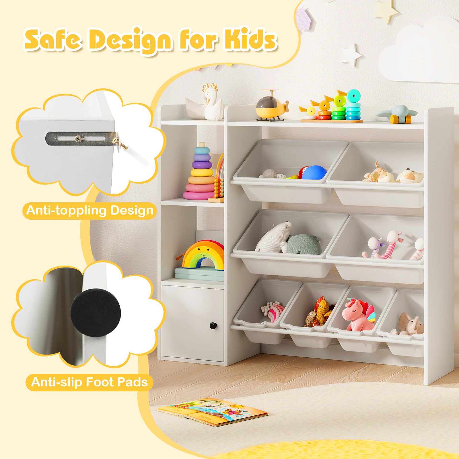 Kids Toy Storage and Bookshelf with Open Shelves and Single-door Cabinet-White