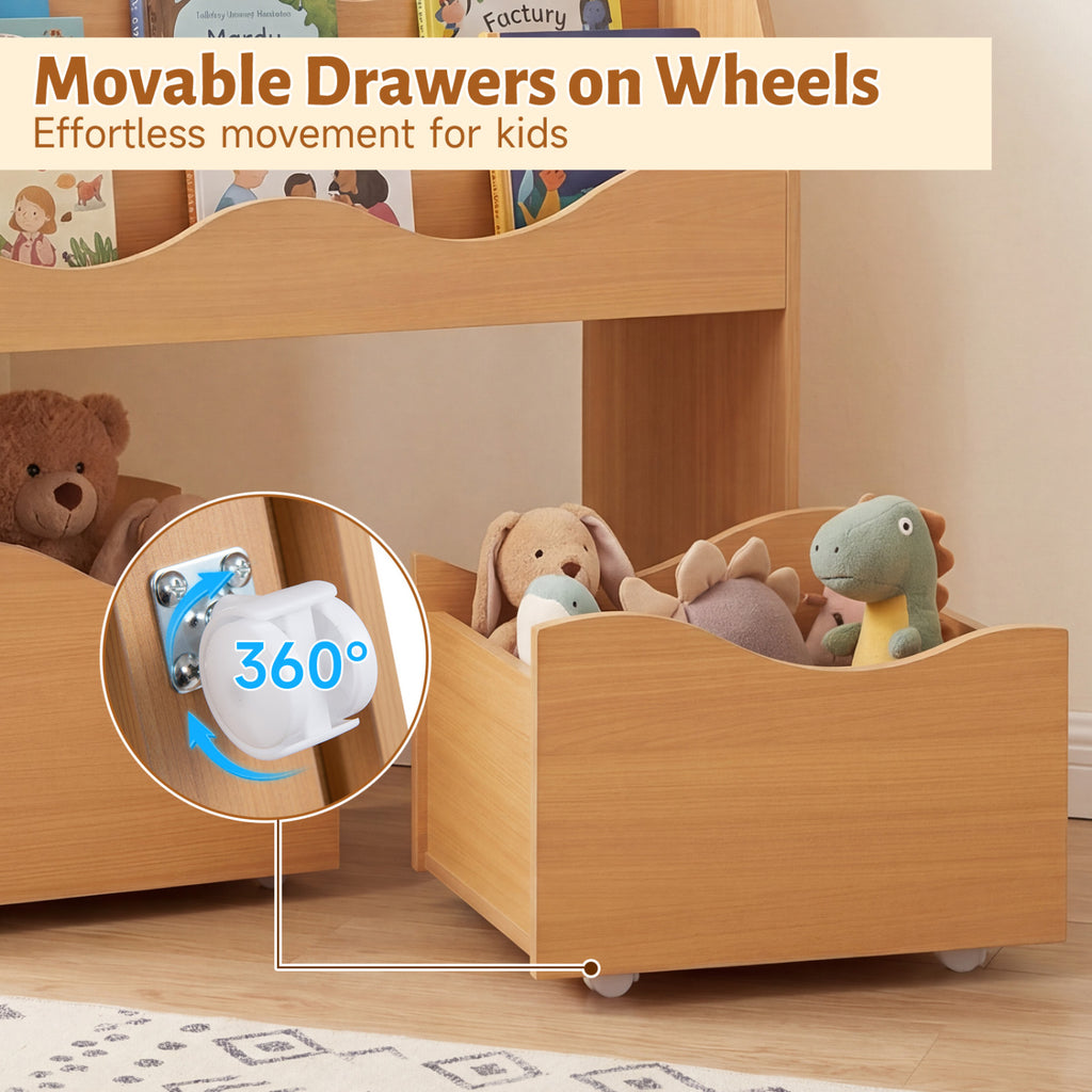 Kids Toy Wooden Storage Organizer with 2 Rolling Drawers for Kids Room-Natrual