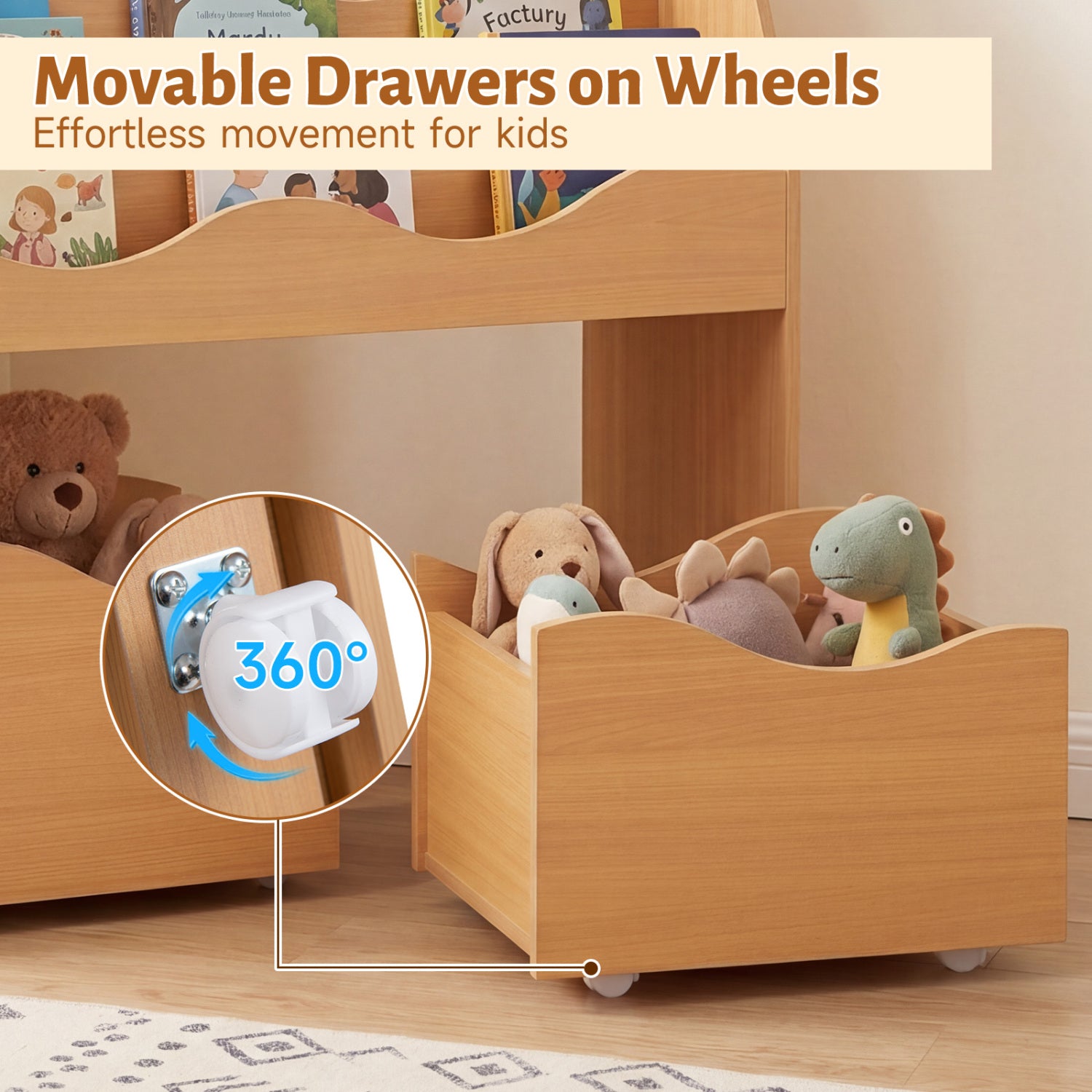 Kids Toy Wooden Storage Organizer with 2 Rolling Drawers for Kids Room-Natrual