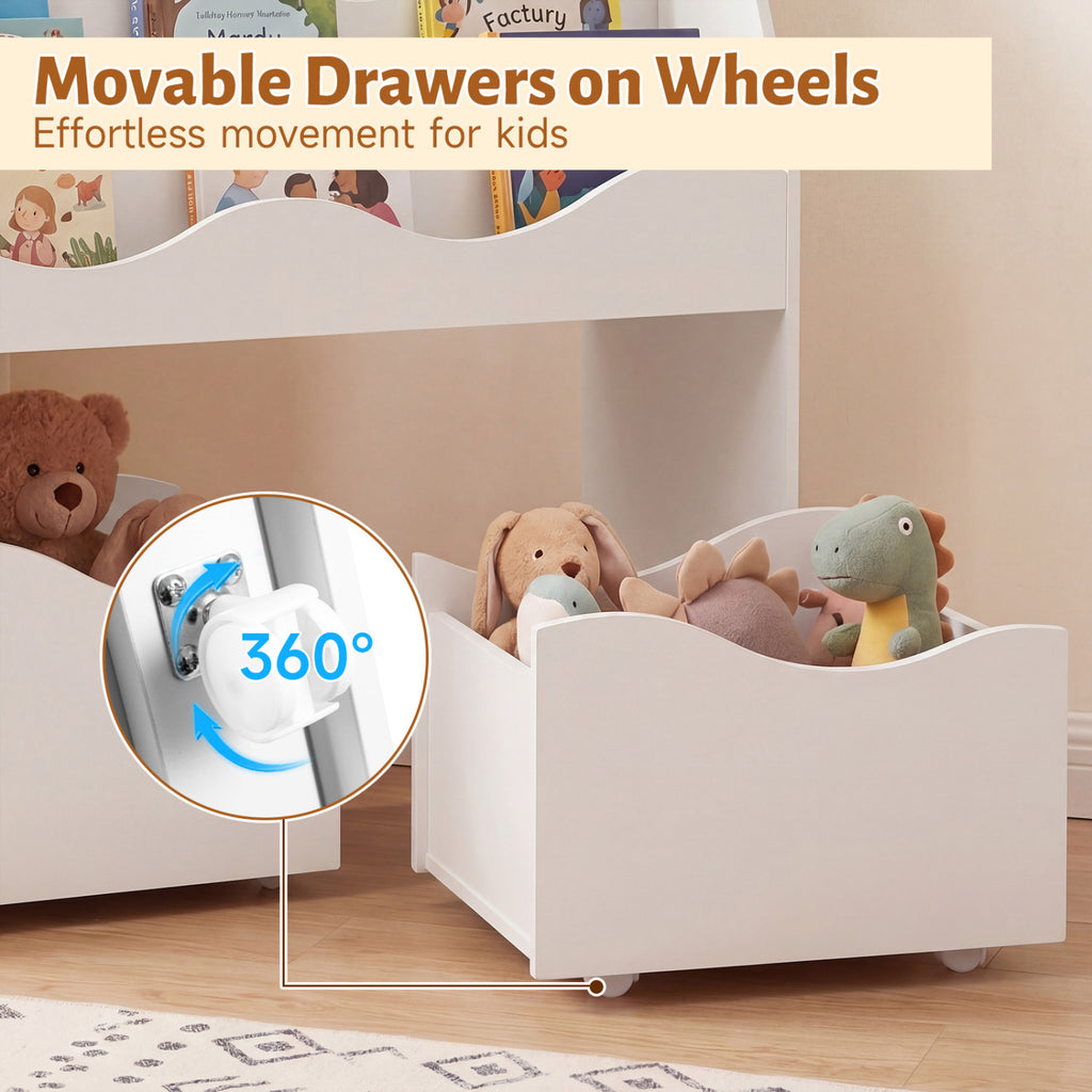 Kids Toy Wooden Storage Organizer with 2 Rolling Drawers for Kids Room-White
