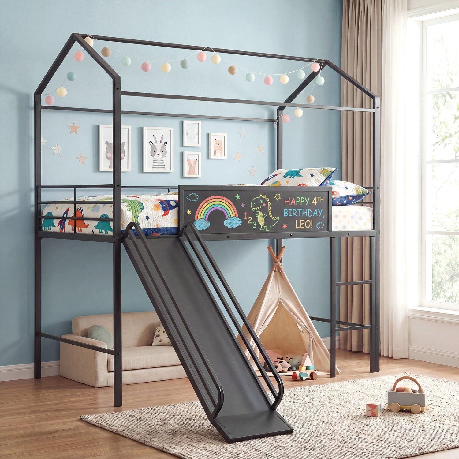 Kids Twin Size Loft Bed with Ladder and Slide for Bedroom-Black