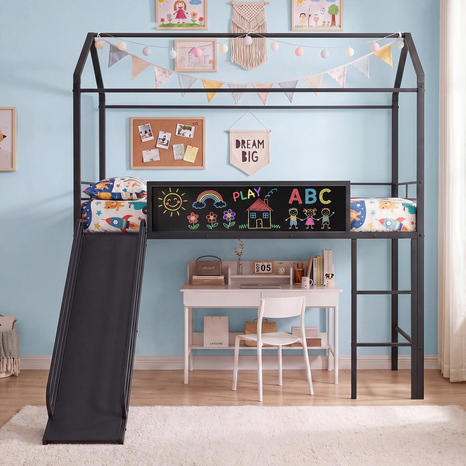 Kids Twin Size Loft Bed with Ladder and Slide for Bedroom-Black