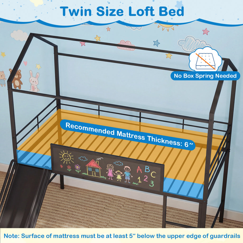 Kids Twin Size Loft Bed with Ladder and Slide for Bedroom-Black