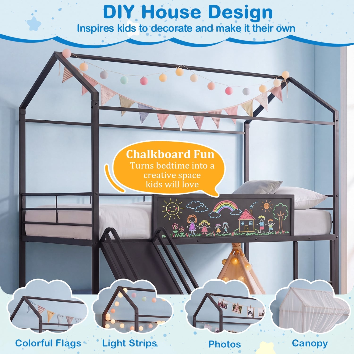 Kids Twin Size Loft Bed with Ladder and Slide for Bedroom-Black