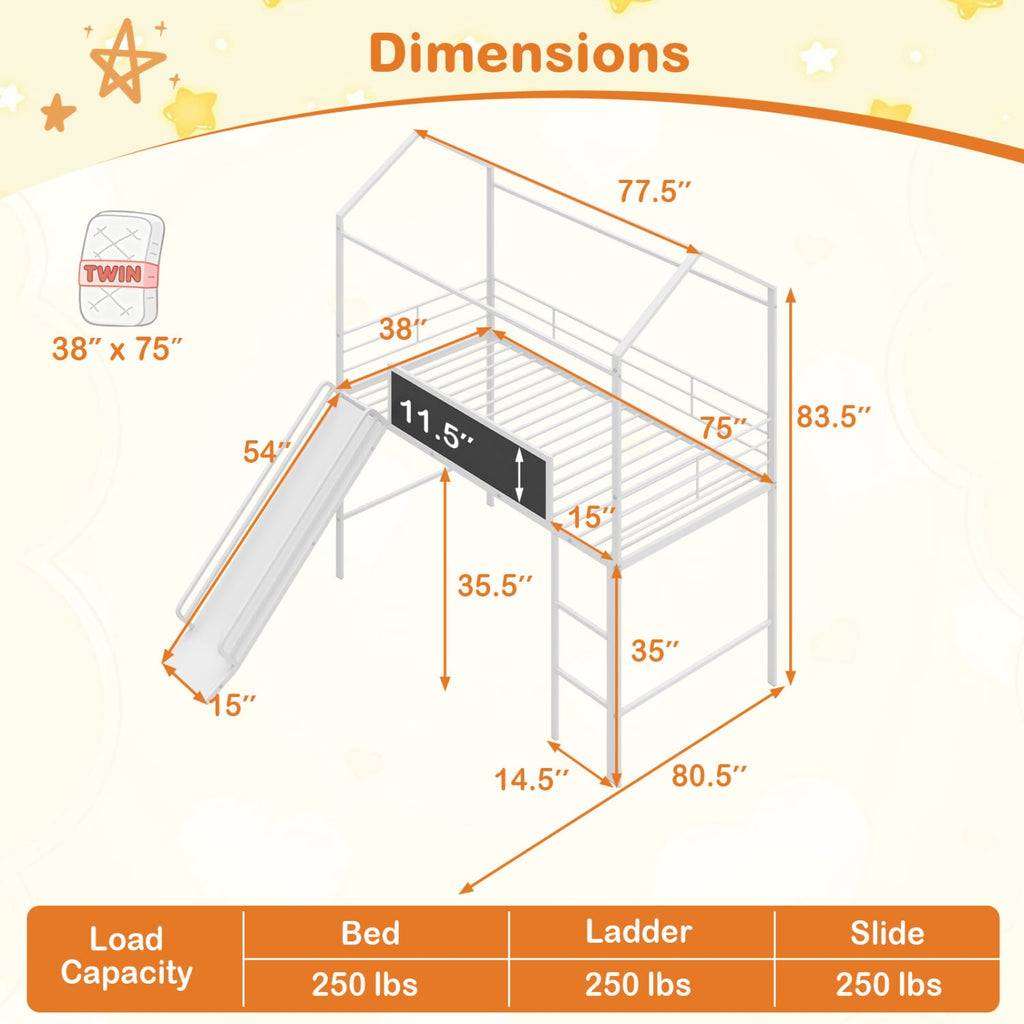 Kids Twin Size Loft Bed with Ladder and Slide for Bedroom-White