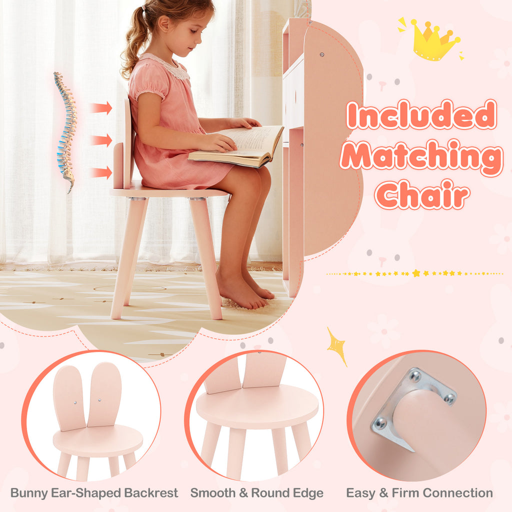 Kids Vanity Desk and Chair Set with Lights  Open Shelves-Pink