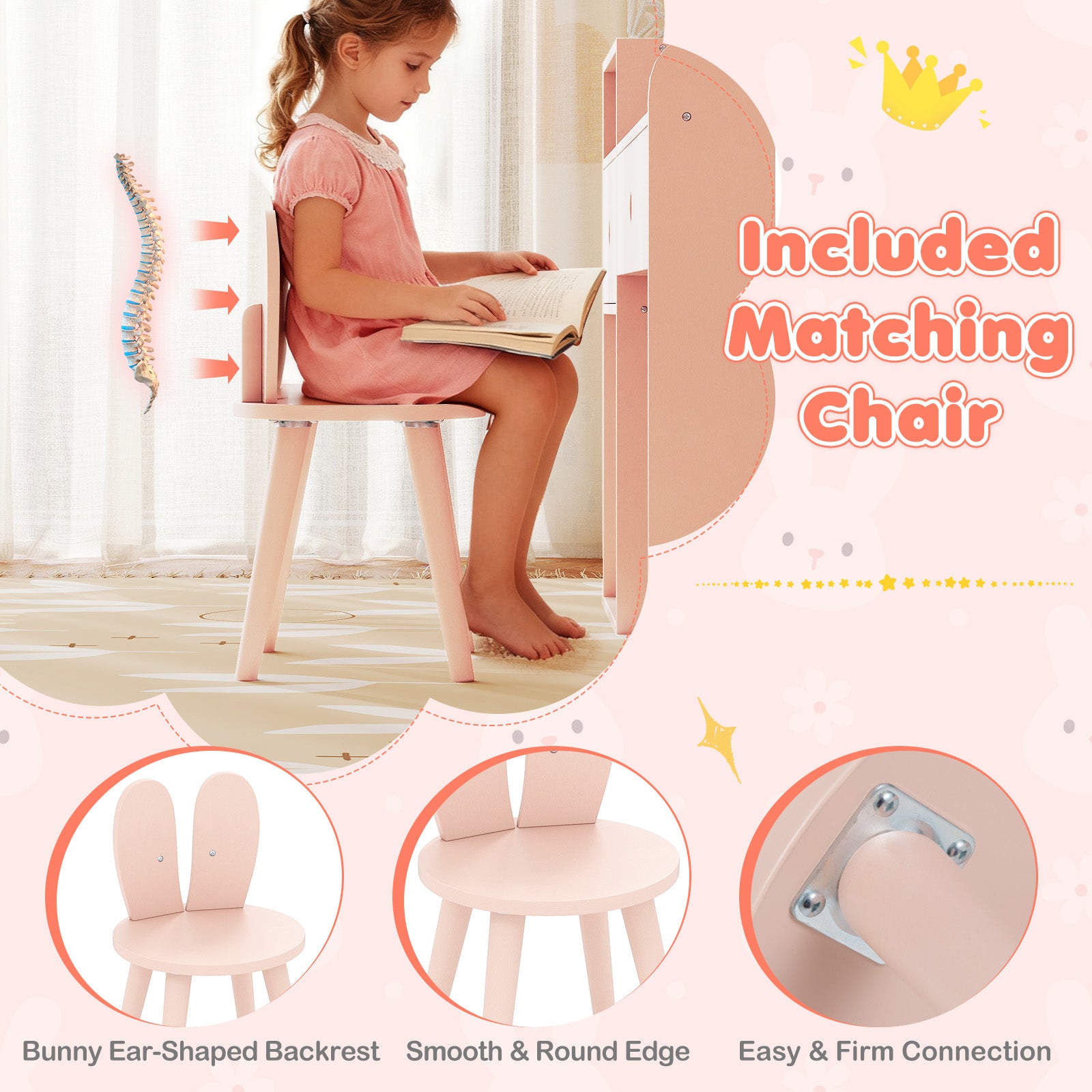 Kids Vanity Desk and Chair Set with Lights  Open Shelves-Pink