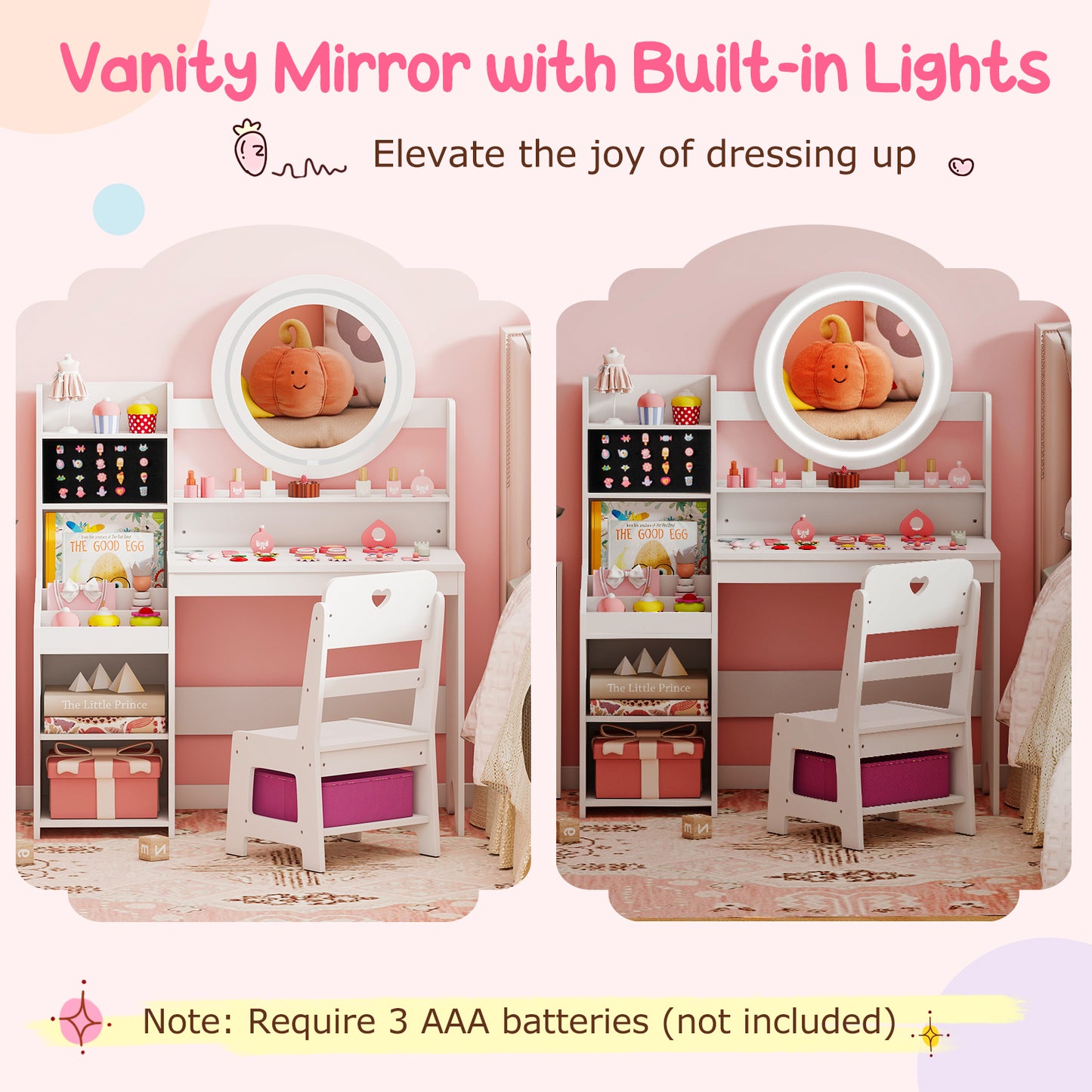 Kids Vanity Desk with Mirror and Lights Princess Pretend Play Dressing Table and Chair Set-White