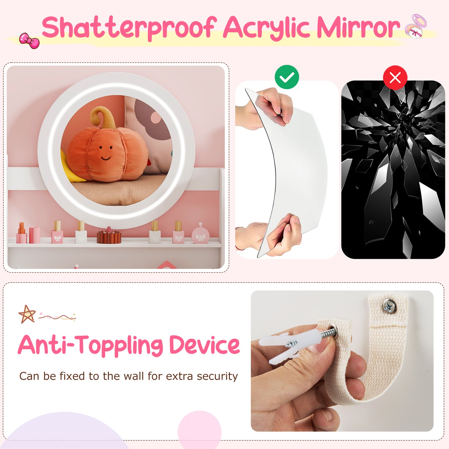 Kids Vanity Desk with Mirror and Lights Princess Pretend Play Dressing Table and Chair Set-White