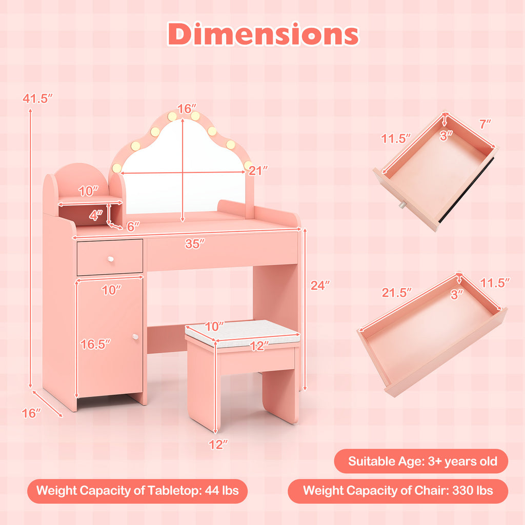 Kids Vanity Desk with Mirror and Lights Princess Pretend Play Dressing Table-Pink