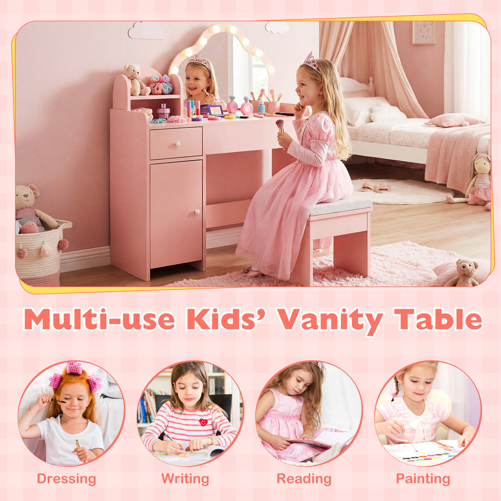 Kids Vanity Desk with Mirror and Lights Princess Pretend Play Dressing Table-Pink