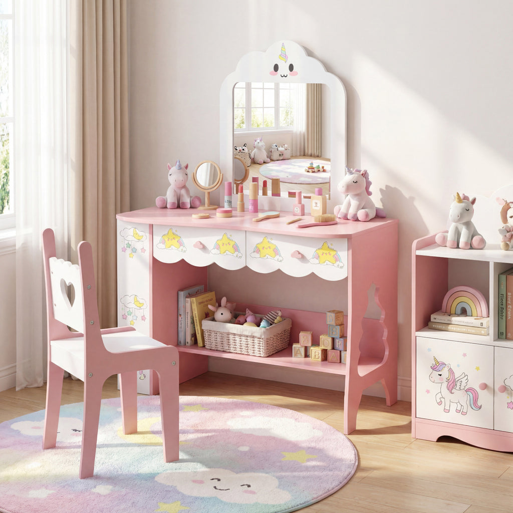 Kids Vanity Set Princess Girls Makeup Table with Mirror and Chair-White
