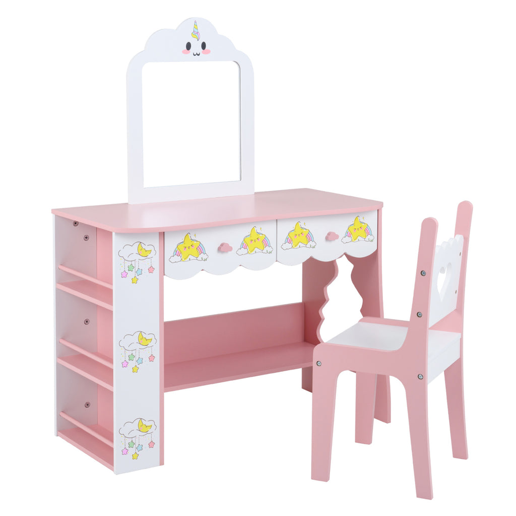 Kids Vanity Set Princess Girls Makeup Table with Mirror and Chair-White