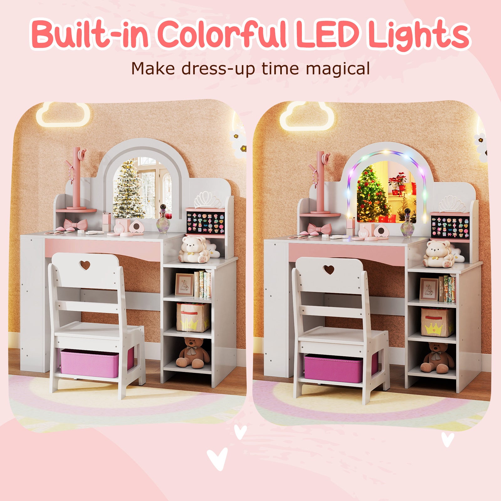 Kids Vanity Set with Colorful LED Lights Princess Makeup Dressing Table with Chair-White