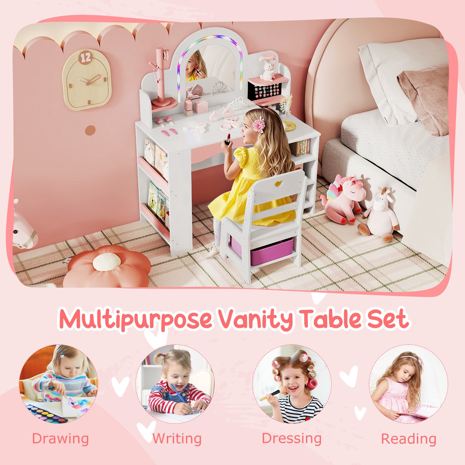 Kids Vanity Set with Colorful LED Lights Princess Makeup Dressing Table with Chair-White