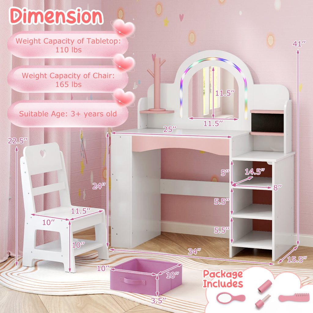 Kids Vanity Set with Colorful LED Lights Princess Makeup Dressing Table with Chair-White