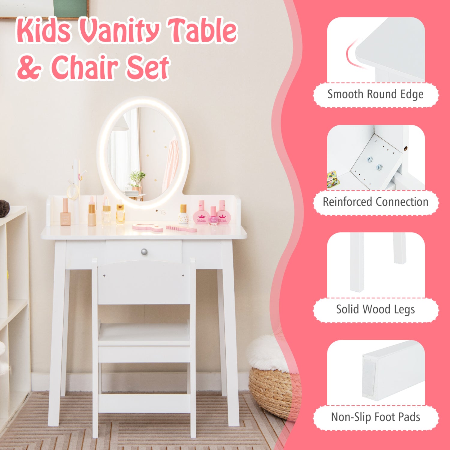 Kids Vanity Set with Lighted Mirror-White