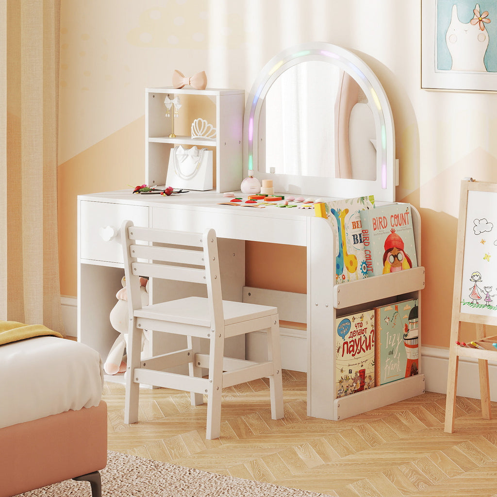 Kids Vanity Table and Chair Set with Lighted Mirror for Kids Aged 3+ Years Old-White