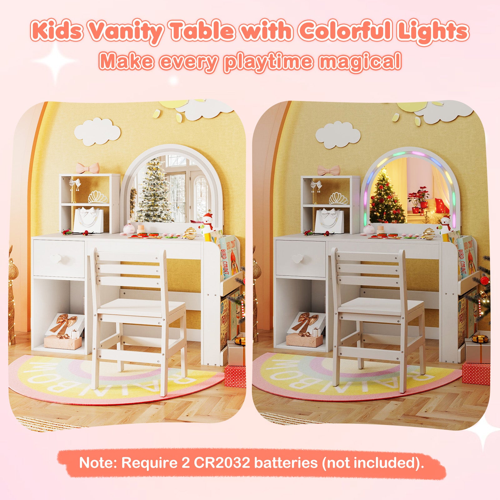 Kids Vanity Table and Chair Set with Lighted Mirror for Kids Aged 3+ Years Old-White