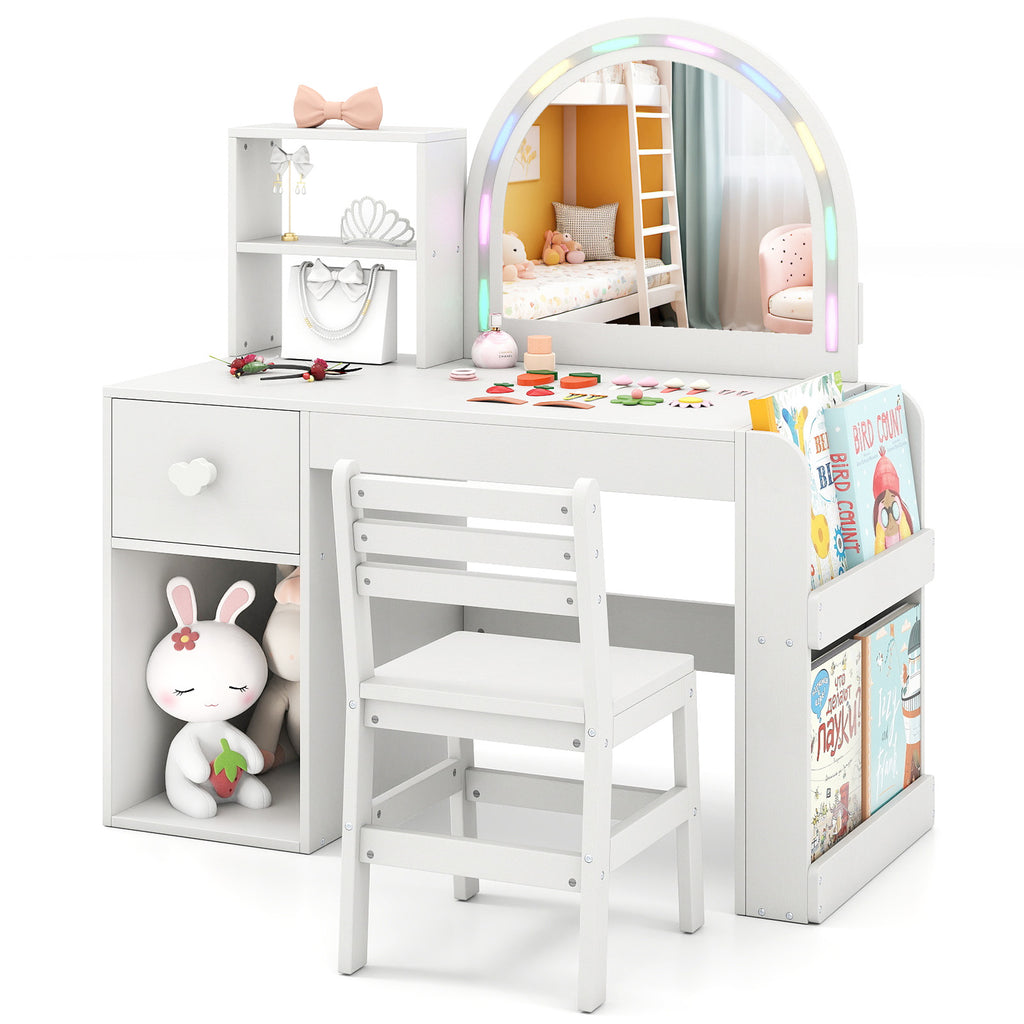 Kids Vanity Table and Chair Set with Lighted Mirror for Kids Aged 3+ Years Old-White
