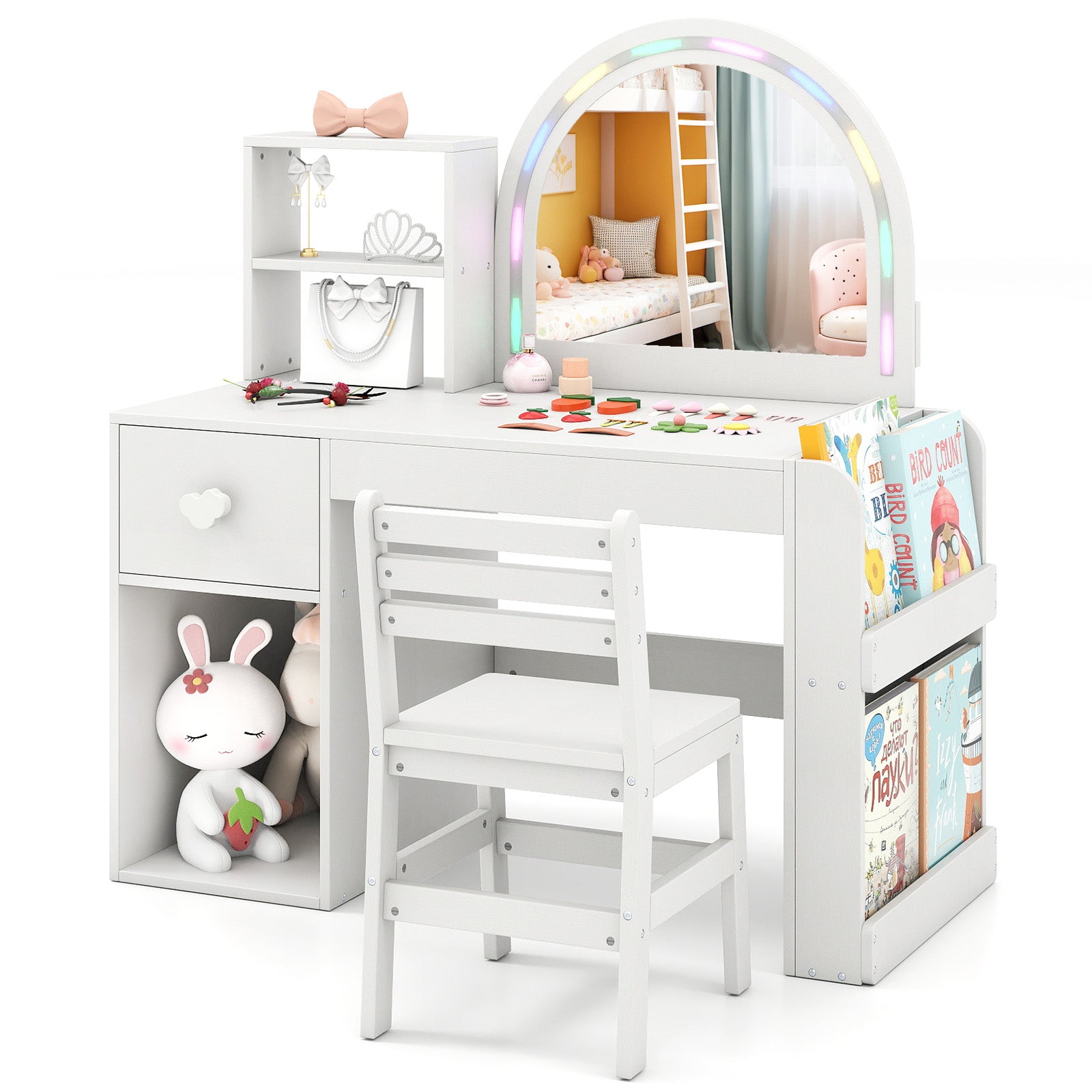 Kids Vanity Table and Chair Set with Lighted Mirror for Kids Aged 3+ Years Old-White