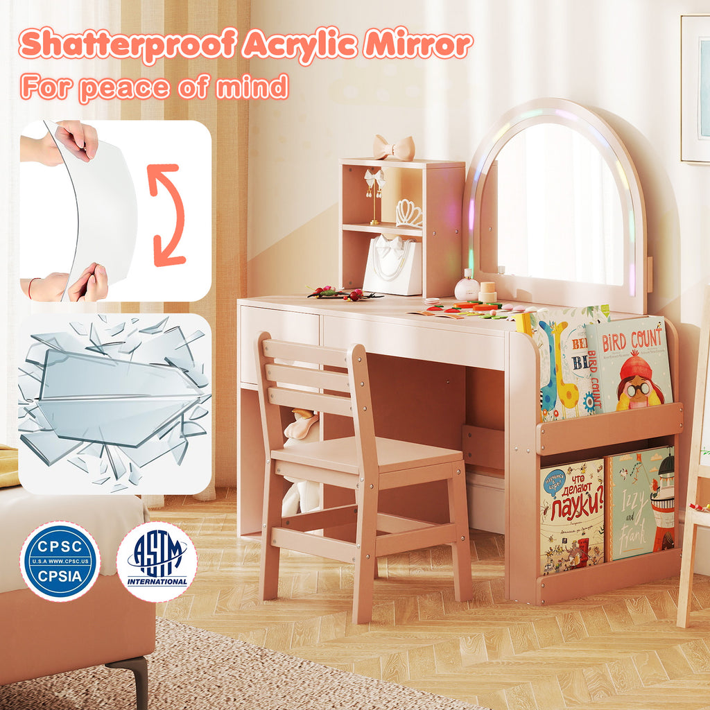 Kids Vanity Table and Chair Set with Lighted Mirror for Kids Aged 3+ Years Old-Pink