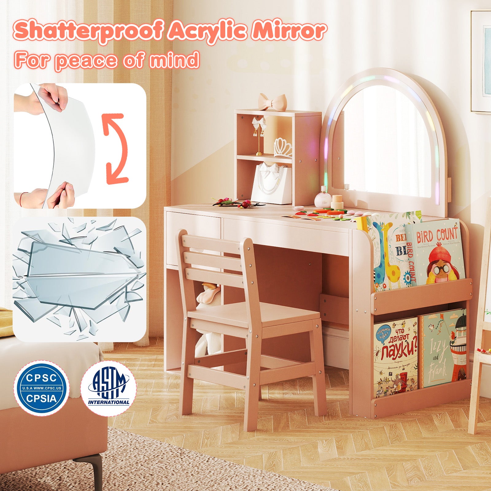 Kids Vanity Table and Chair Set with Lighted Mirror for Kids Aged 3+ Years Old-Pink