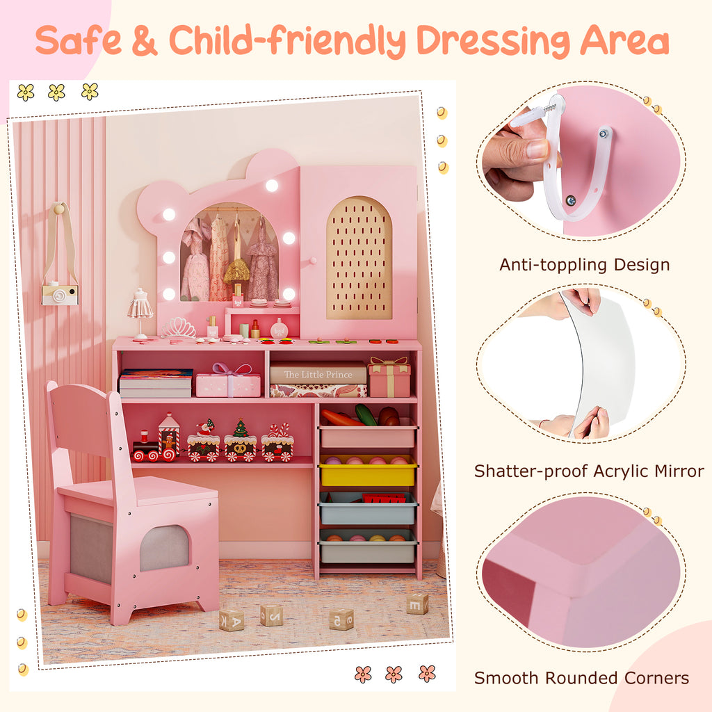 Kids Vanity with Lights and 5 Drawers for Kids Aged 3+ Years Old-Pink