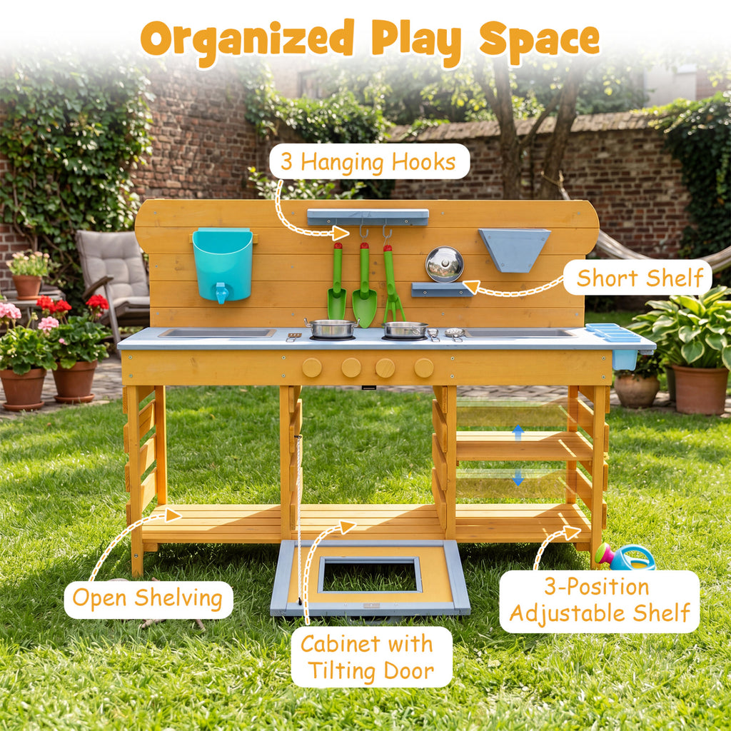 Kids Wooden Mud Kitchen with 2 Sinks and 4 Stoves-Natural