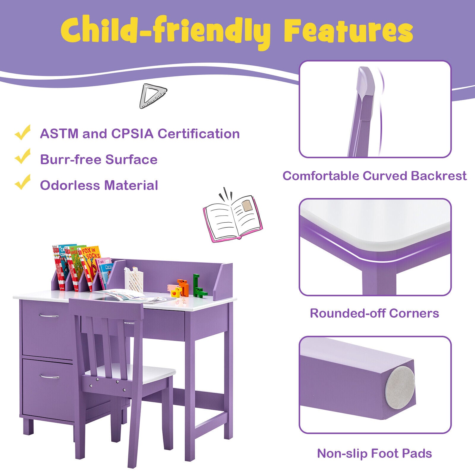 Kids Wooden Writing Furniture Set with Drawer and Storage Cabinet-Purple