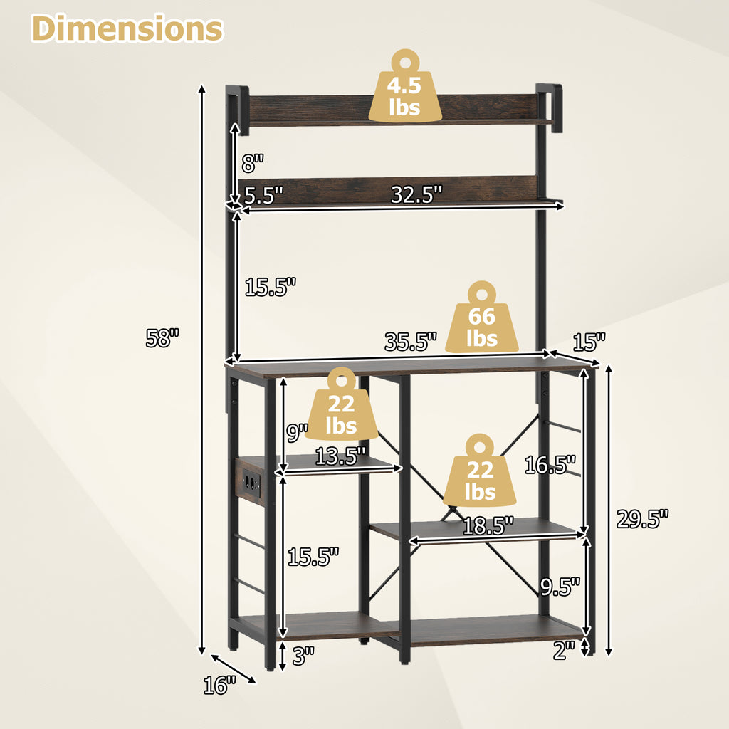 Kitchen Bakers Rack with Power Outlet 5-Tier Microwave Oven Stand with LED Lights-Rustic Brown