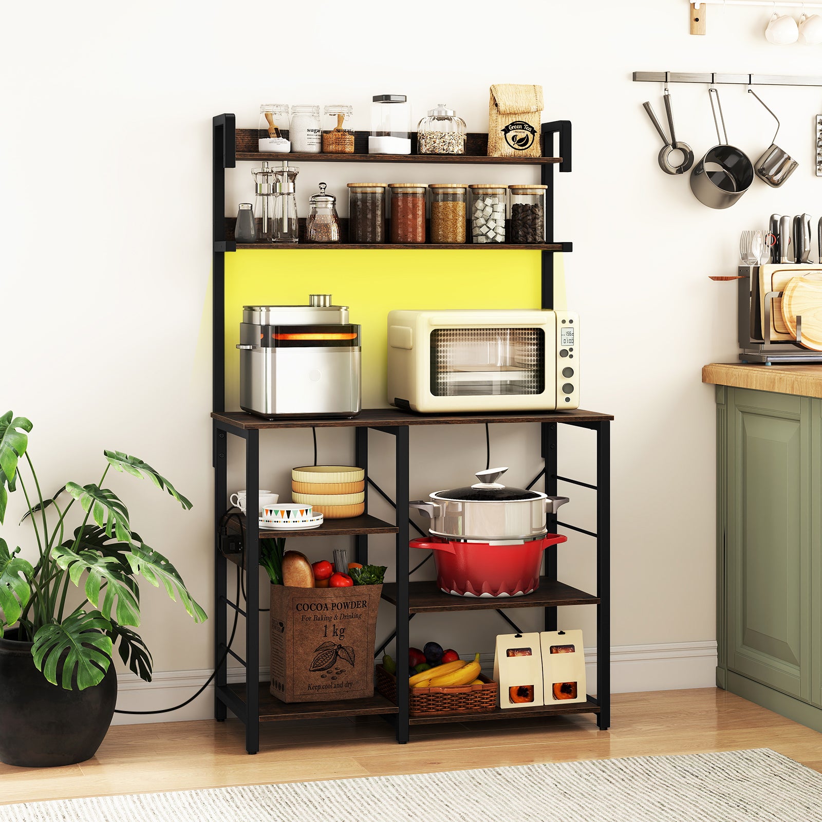 Kitchen Bakers Rack with Power Outlet 5-Tier Microwave Oven Stand with LED Lights-Rustic Brown
