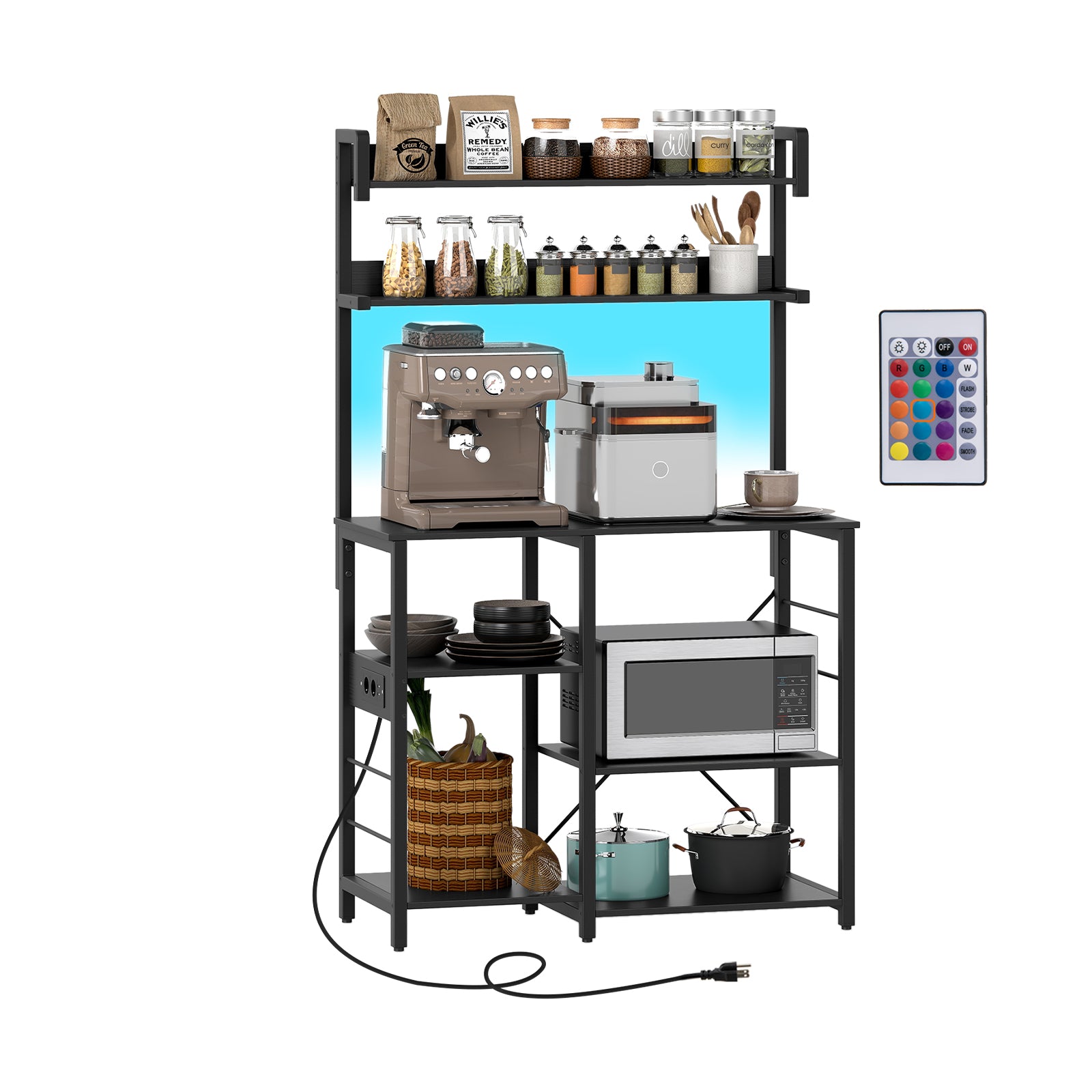 Kitchen Bakers Rack with Power Outlet 5-Tier Microwave Oven Stand with LED Lights-Black