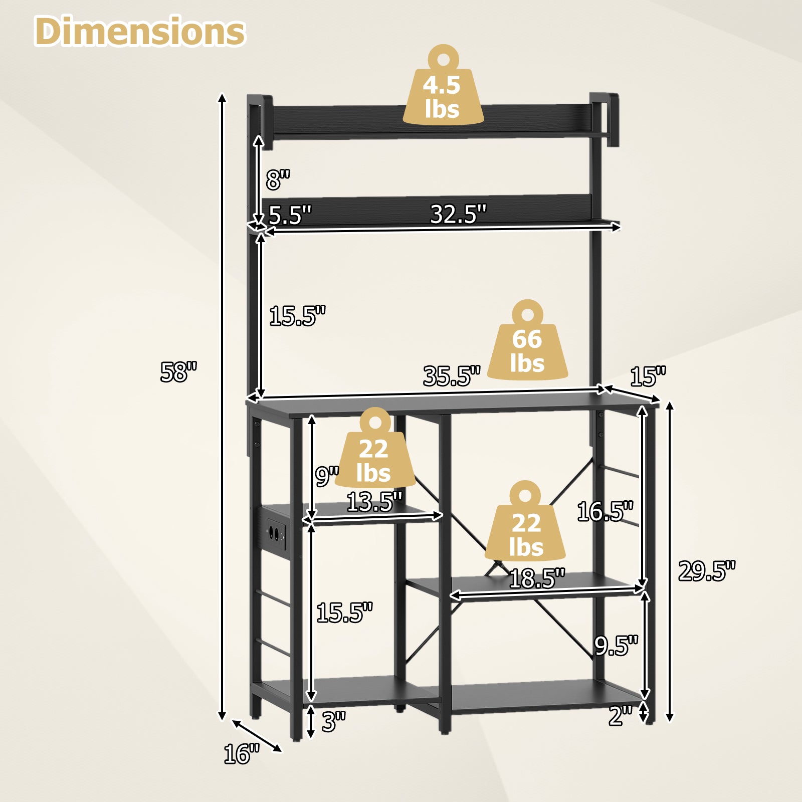Kitchen Bakers Rack with Power Outlet 5-Tier Microwave Oven Stand with LED Lights-Black