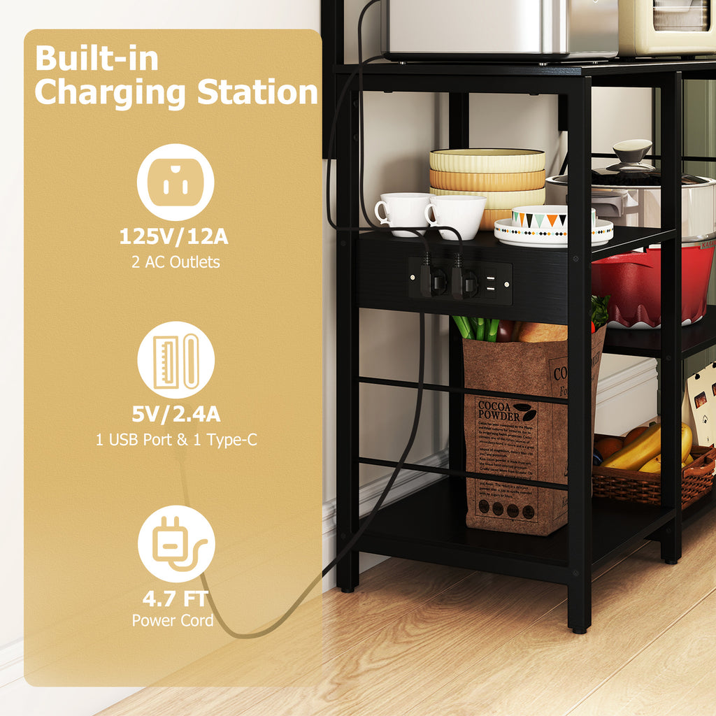 Kitchen Bakers Rack with Power Outlet 5-Tier Microwave Oven Stand with LED Lights-Black