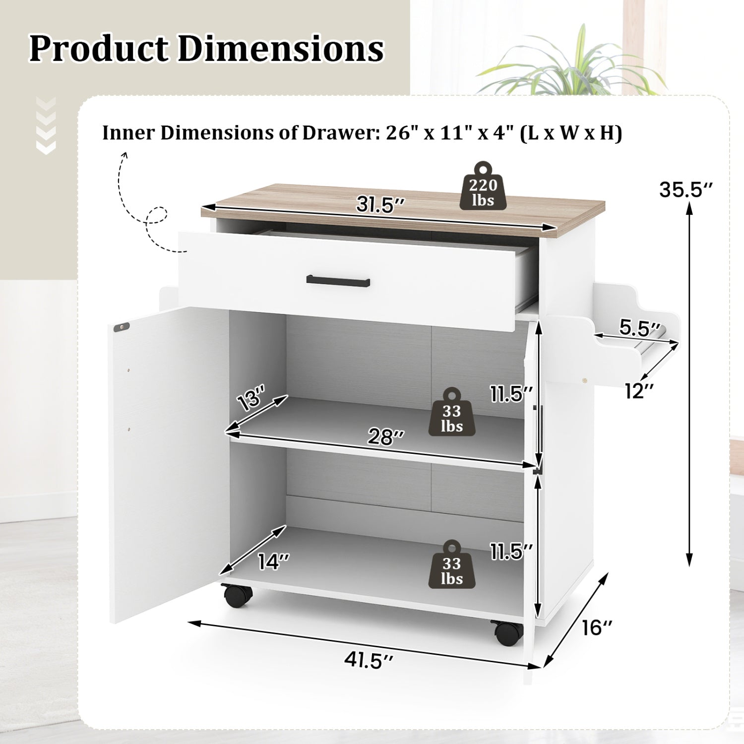 Kitchen Island Cart Rolling Kitchen Storage Island with Drawer-White